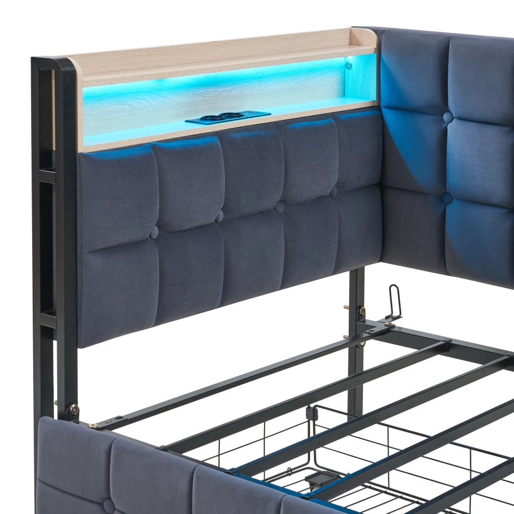 Divano letto a forma di barca con 2 cassetti; LED e porte USB/Tipo-C; velluto grigio; 90x200 cm; senza materasso