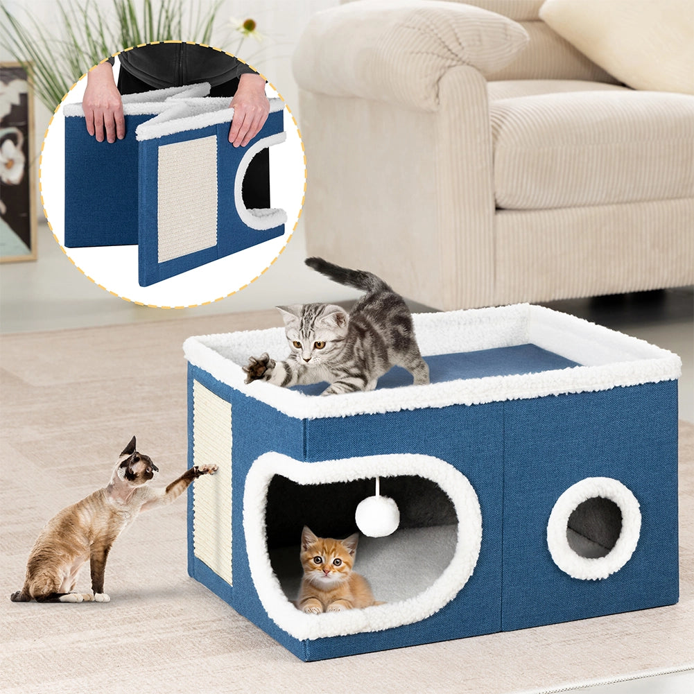 Cuccia Casa per Gatti Cubo Blu Tiragraffi Casetta Animali Domestici 58x42x33 cm
