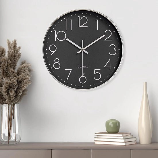 Orologio da parete da 20 cm senza ticchettio - con pannello vetro trasparente, alta precisione, facile da leggere - per ufficio, soggiorno, cucina, scuola, camera da letto (nero)