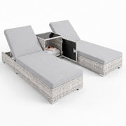 Set 2 Sdraio Prendisole in Polyrattan con Tavolino Contenitore e Cuscini Schienale Reclinabile 5 Posizioni Arredo Giardino Piscina 184x60x21 Cm Grigio Chiaro