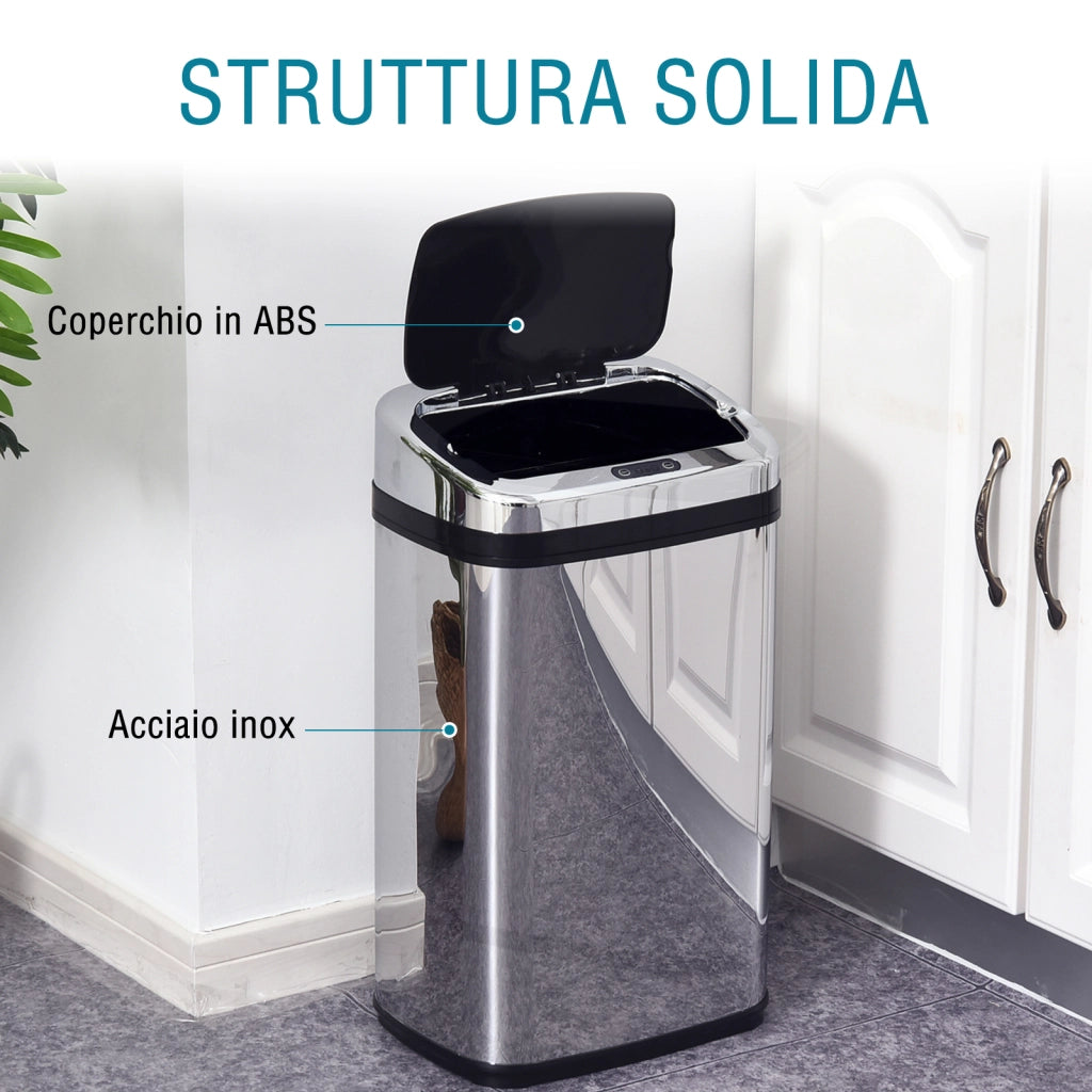 Bidone Immondizia a Infrarossi da 30L con Anello per Sacchetti, in Acciaio Inox e ABS, 33x25x58 cm, Argento