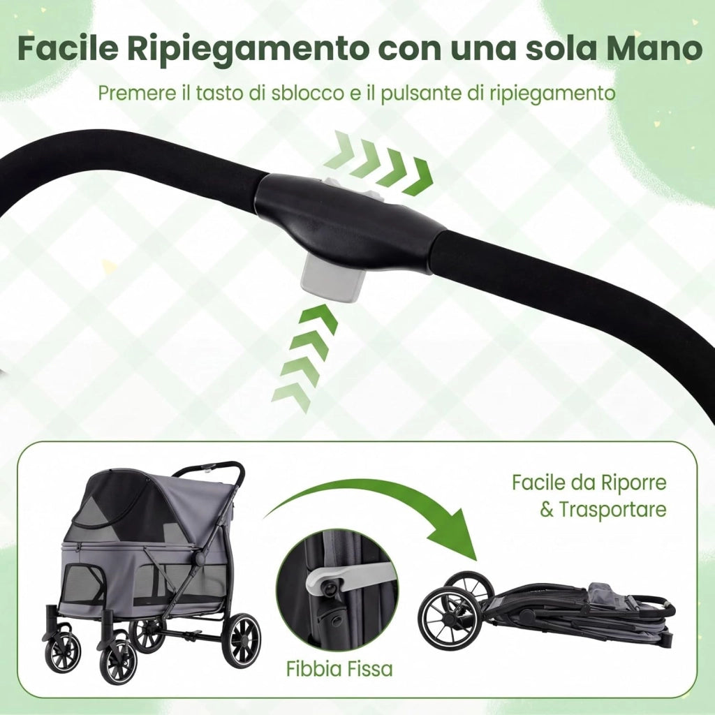 Passeggino Pieghevole per Cani, Carrozzina per Cani Fino a 40 kg con Entrata Bassa, Finestra Regolabile in Rete, Tasche Portaoggetti e Cintura di Sicurezza per Animali Tutte le Taglie (Grigio)