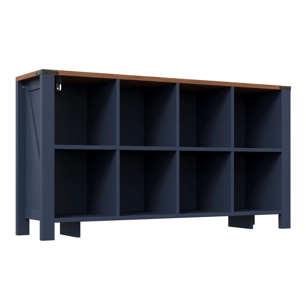 Libreria con 8 vani aperti; per soggiorno e cucina; in MDF blu; 140×34×75 cm