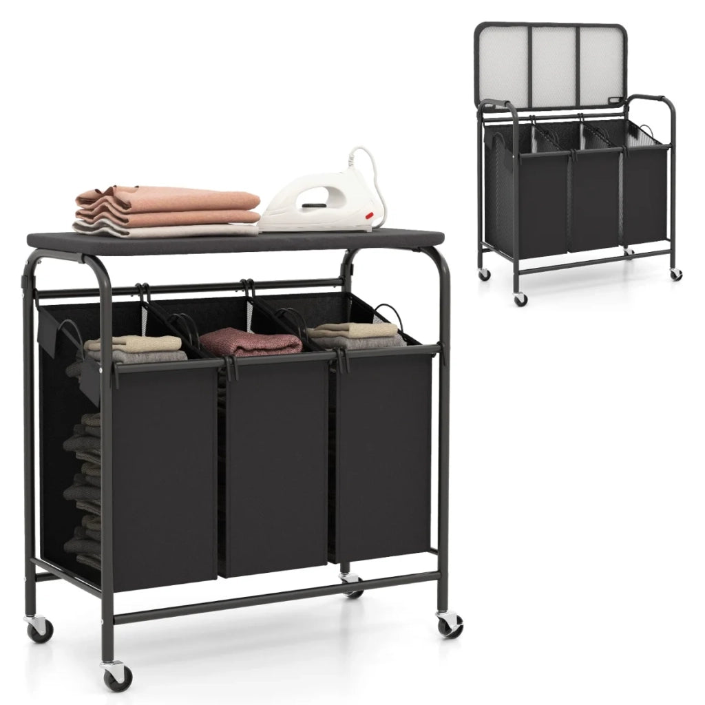 Cesto portabiancheria con asse da stiro 80,5 x 41,5 x 87,5 cm grande capacità 3 sacchi metallici estraibili nero e grigio 20_0012973