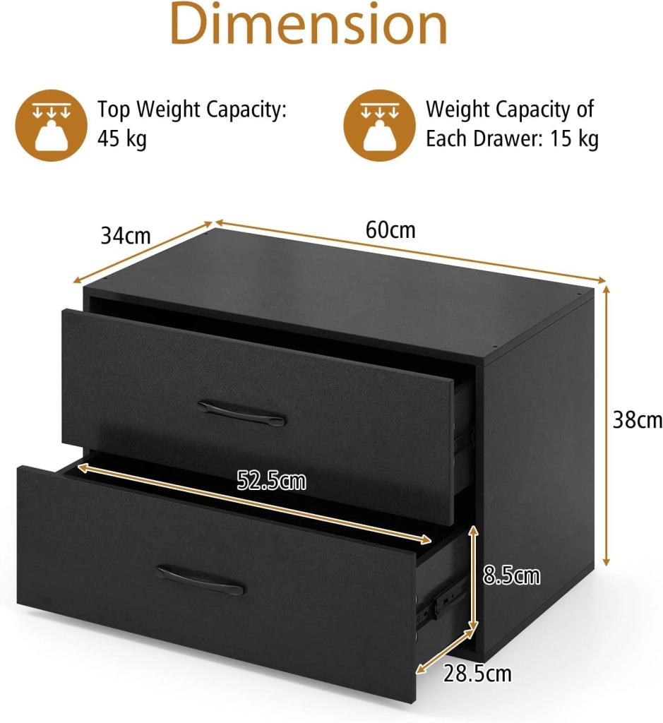 Cassettiera con 2 cassetti, dispositivo antiribaltamento, piccolo mobile in legno, per camera da letto, soggiorno, ufficio, comodino, 60 x 34 x 38 cm (nero)