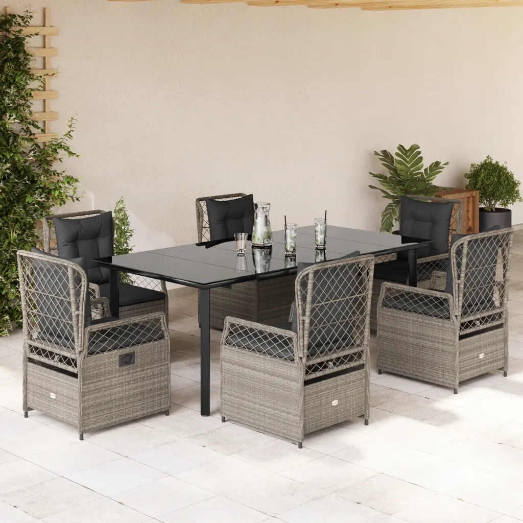 Set da Pranzo da Giardino 7 pz Cuscini Polyrattan Grigio Chiarocod mxl 117172