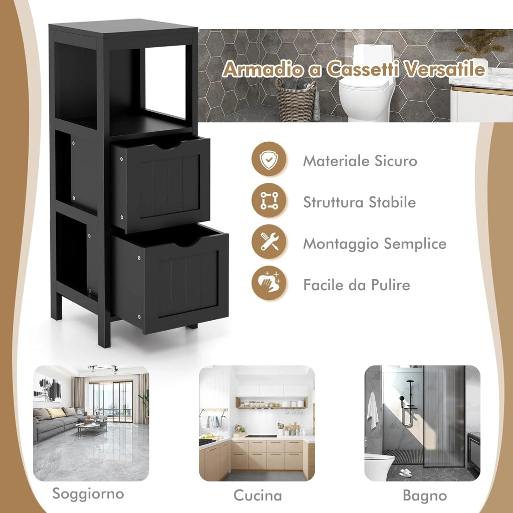 Mobile da Bagno, Mobile da Terra con 2 Cassetti e Vano Aperto, con Design Antiribaltamento, per Bagno, Camera da Letto, Salotto e Cucina, 30 x 30 x 90 cm (Modello 2)