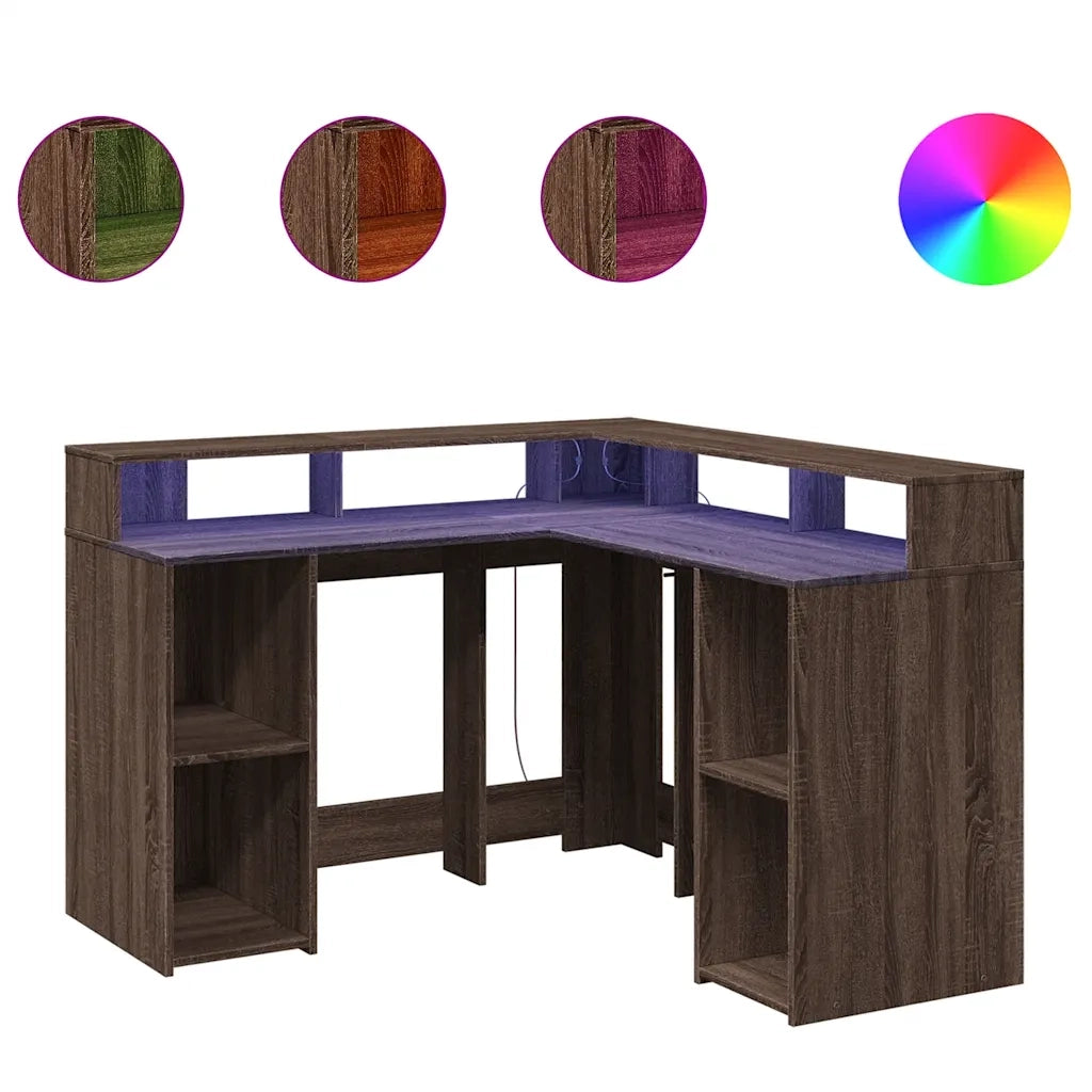 Scrivania | Tavolo da Ufficio con Luci LED Marrone Rovere 130x130x91 cm Truciolato