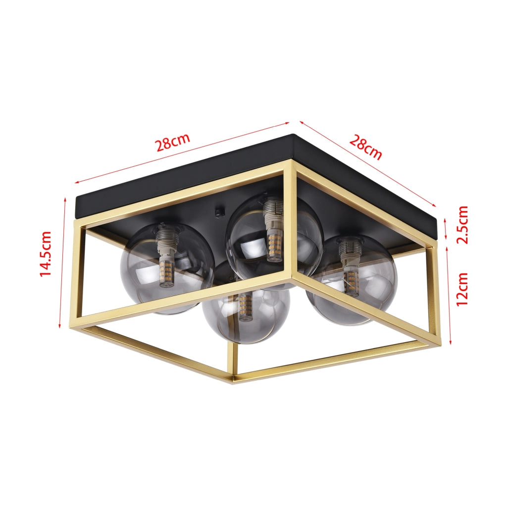 Plafoniera Widnes con 4 Paralumi Sferici e Telaio Rettangolare color Oro lux.pro