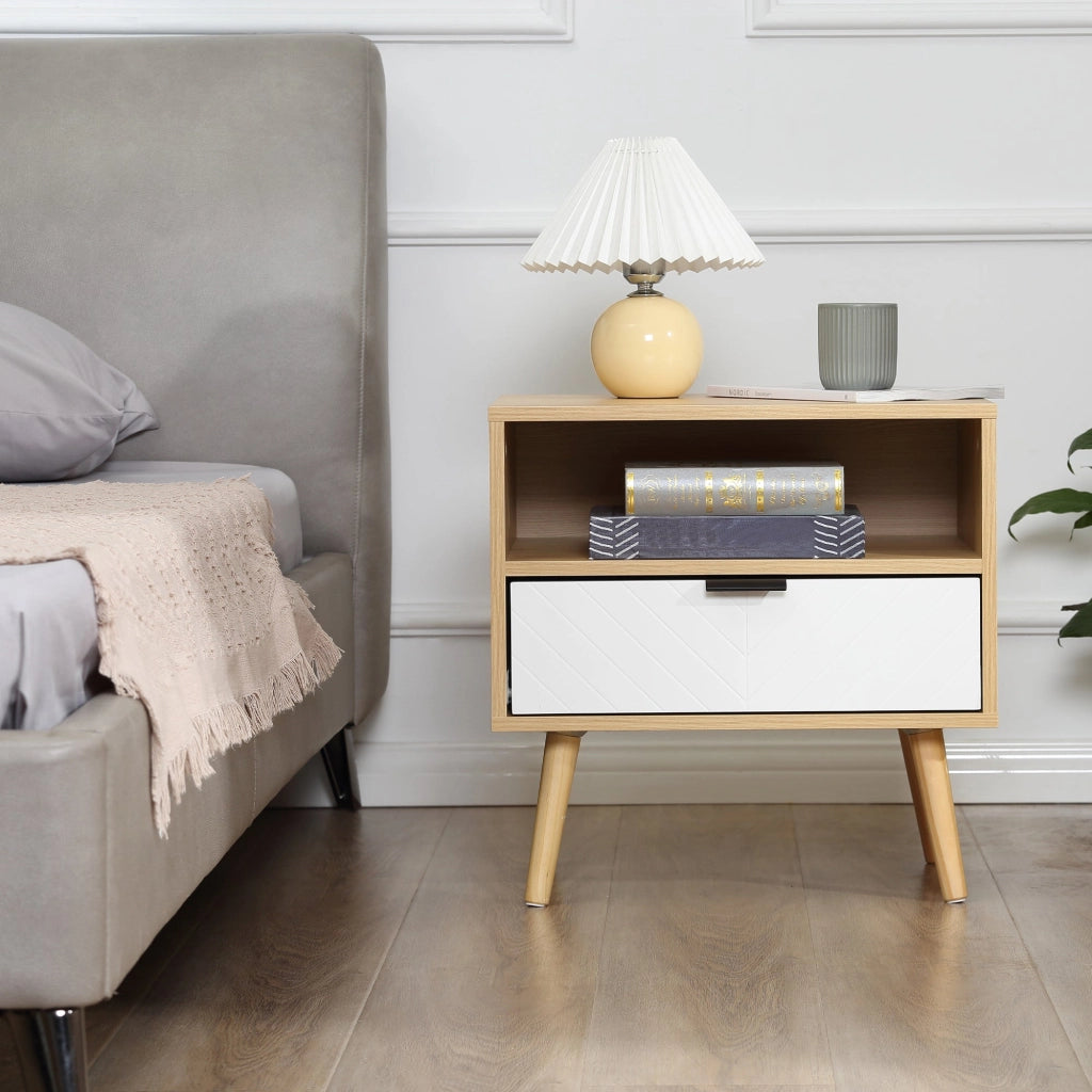Comodino Moderno con Cassetto Estraibile e Ripiano Aperto 50x39,5x49,5 cm in Legno Bianco e color Legno