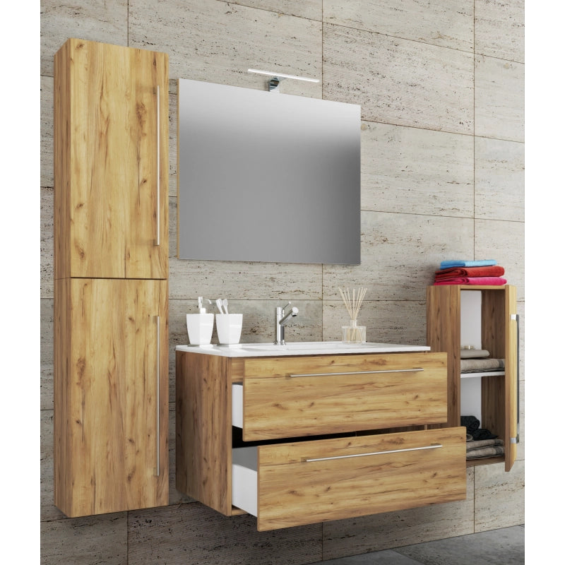 Completo Set bagno 5 pz Mobile sosp 2 casetti con Lavabo XL in ceramica incl 1 Colonna 1 mobile sosp e specchio, Rovere