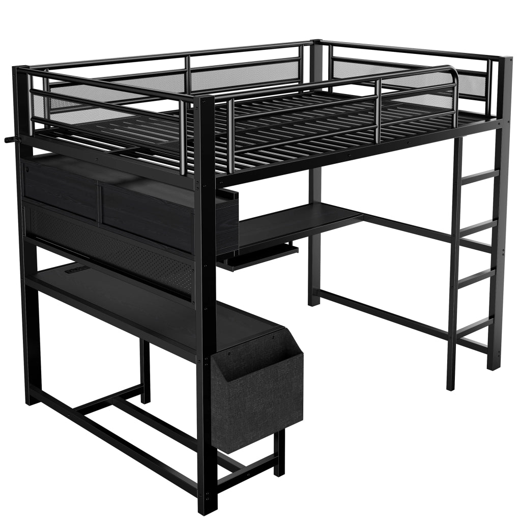 Letto a Soppalco 140x200 cm con Scrivania; Mensole; LED; USB e Prese - Nero