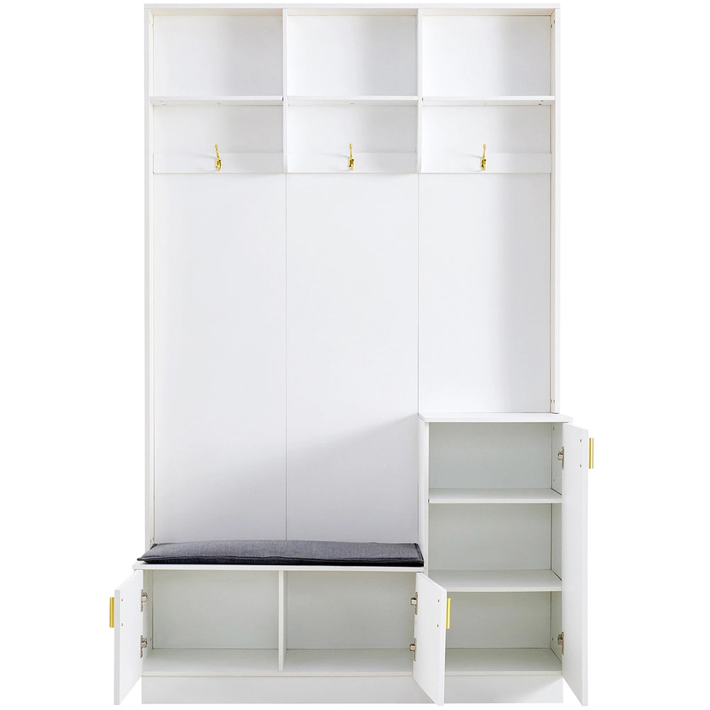 Vestiaire con panchina e ripiani - Xylo - H200xL120xP40cm - Bianco - Multifunzionale con 3 ganci