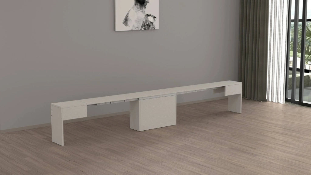 Panca Yutu, Seduta per tavolo da pranzo, Panca singola allungabile, 290x25h45 cm, Bianco