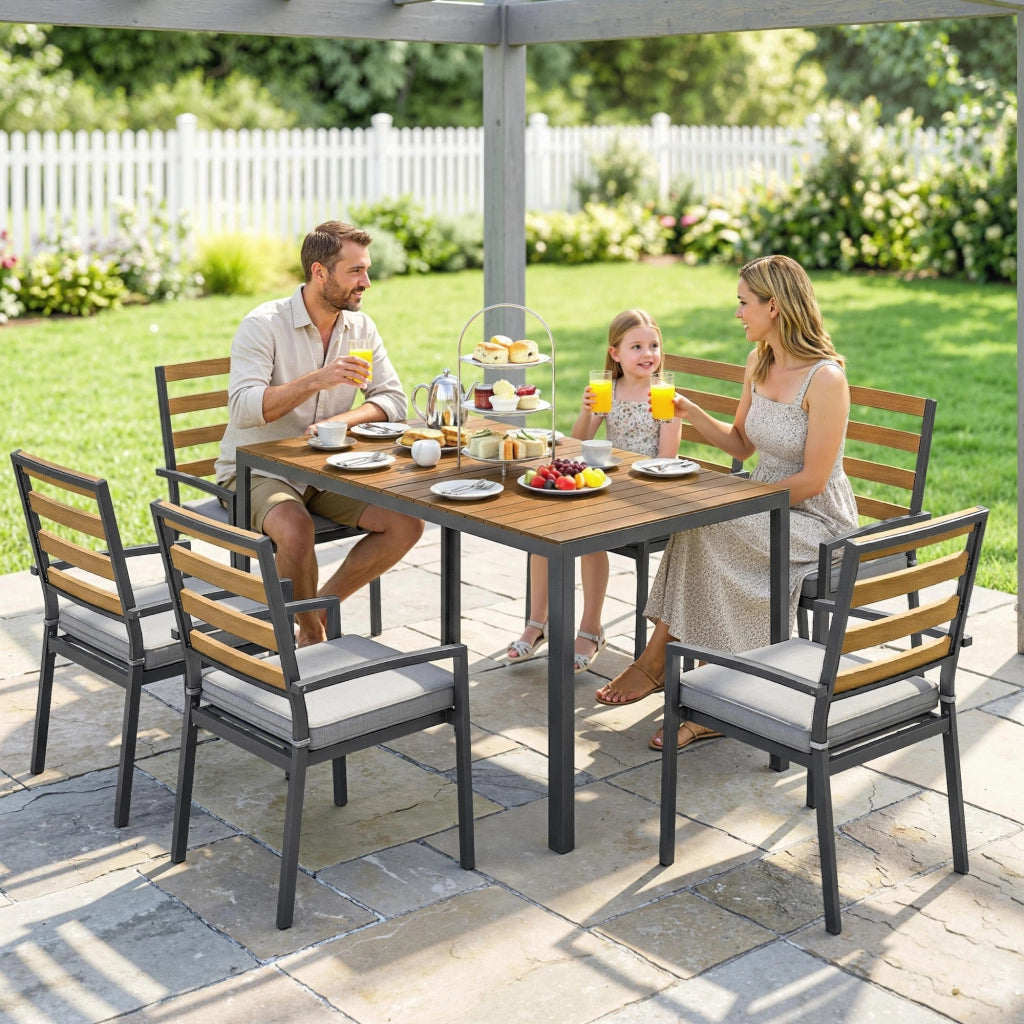 7 pezzi. Set di mobili da giardino set da giardino con 1 tavolo da pranzo 6 sedie cuscini per terrazza legno naturale
