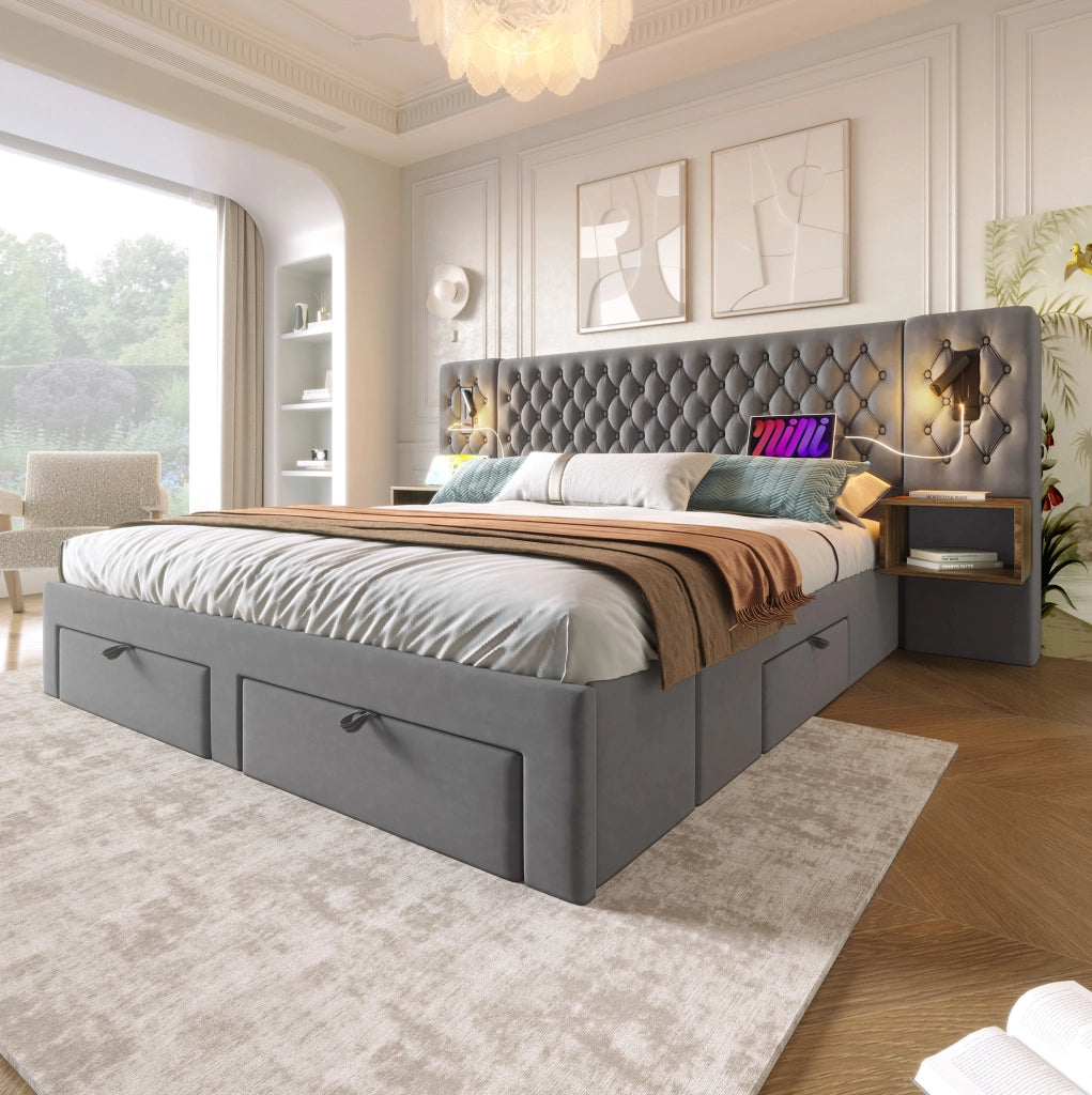 Letto matrimoniale 160 x 200 cm con comodini, cassetti e materasso