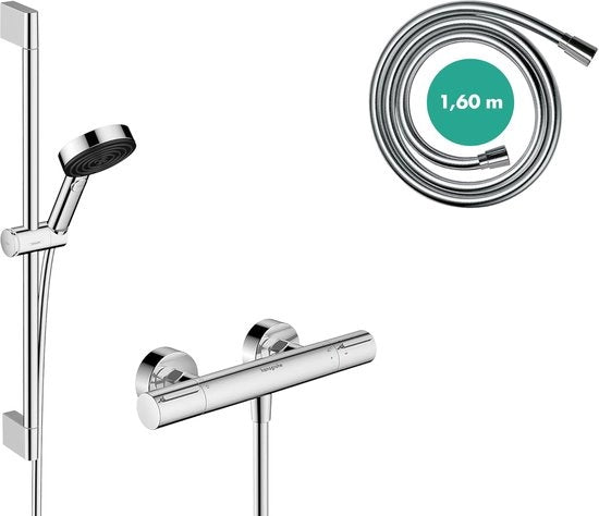 Set di doccia a risparmio d'acqua con termostato, testa di doccia 8,2 l/min, maniglia di doccia 65cm, tubo di doccia 160cm e supporto - acciaio inox.