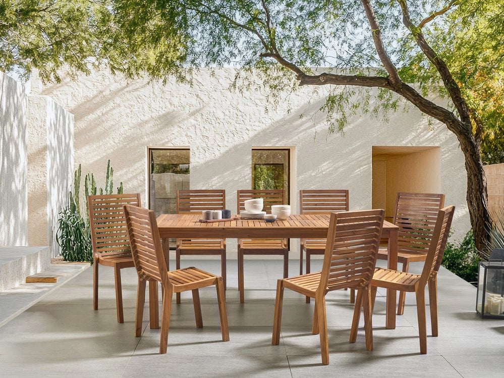 Set da pranzo da giardino Tavolo in legno di acacia marrone chiaro 180 x 90 cm 8 Sedie da esterno senza braccioli Stile rustico