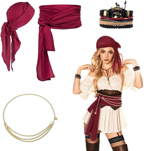 Costume da pirata per donne, cappello rosso bordeaux, coda di cavallo, collana a campanello, cintura in pelle, set da pirata per carnevale e feste di Halloween