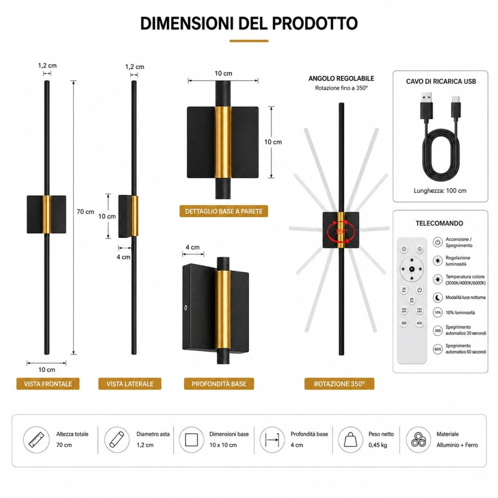 Coppia Applique LED Lineari Senza Fili 70CM Ricaricabili USB con Telecomando Touch e Rotazione 350° Nero Oro