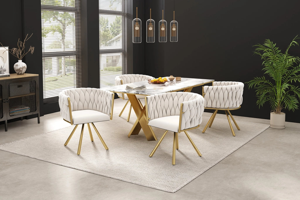 Sedia da pranzo set da 6 girevole imbottita con schienale ergonomico e gambe in metallo velluto beige e oro