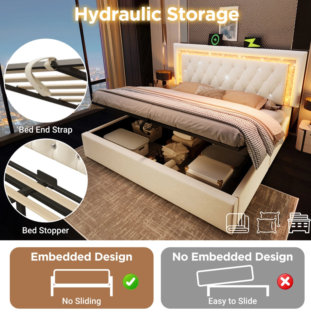Letto imbottito ULEVR 140x200 cm con contenitore idraulico, LED, USB e Type-C, velluto beige