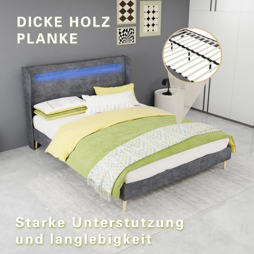 DESMIU Letto 140 × 200 cm 2 posti con LED regolabile e testiera regolabile, senza materasso, in tessuto, grigio