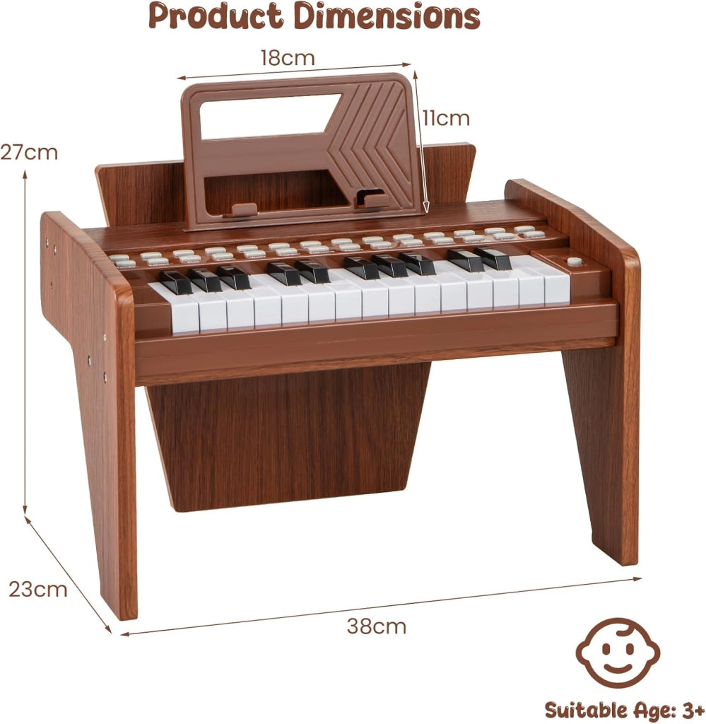Tastiera a 25 tasti per bambini, pianoforte elettronico con tasto luminoso e leggio, pianoforte digitale per bambini di 18+ mesi, registrazione e lettura, modalità di apprendimento (marrone)