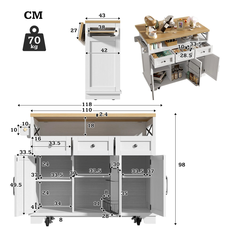 Isola da cucina con 3 cassetti; piano ribaltabile; portaasciugamani e ruote; in MDF e metallo; 118 x 43-70 x 98 cm; bianco