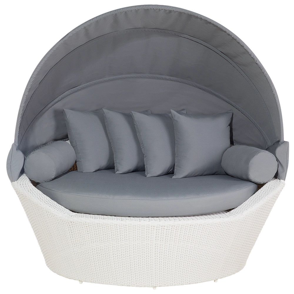 Lettino da giardino in finto rattan bianco e grigio con cuscini resistente agli agenti atmosferici