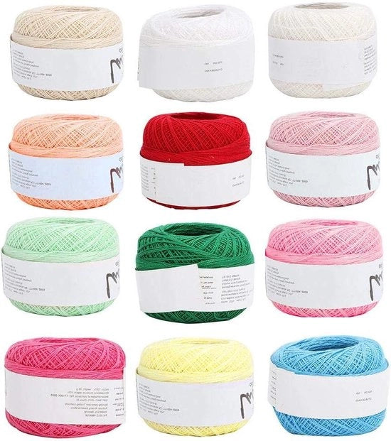 Set di Crochet per Fili di Cotone Leggeri per Estate - Set di Sciarpa Calza Tazza Mat Mattonella (12 Colori)