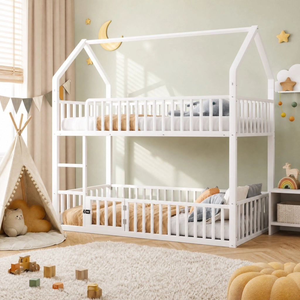 Letto a castello in metallo 90x200 cm bianco con scala frontale e porta apribile, design a casetta