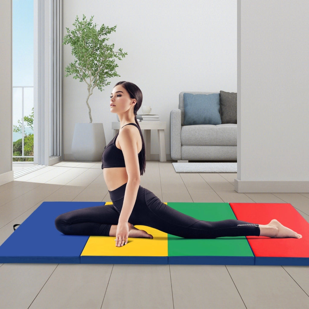 Tappetino per ginnastica pieghevole a 4 con maniglie chiusure a strappo, Tappetino in ecopelle 300x117cm Colorato-Tappetini ginnastica e yoga