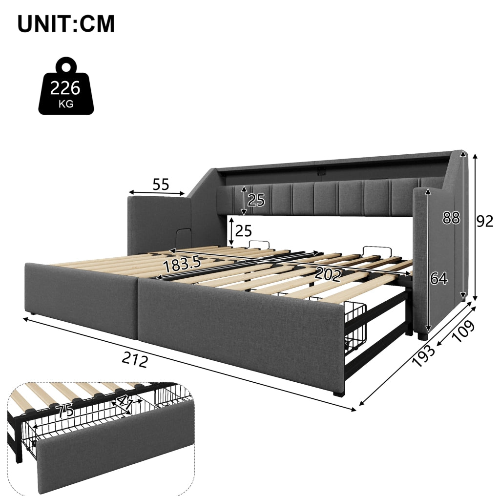 Letto estraibile 90x200 cm grigio in lino con LED, USB e 2 cassetti, senza materasso