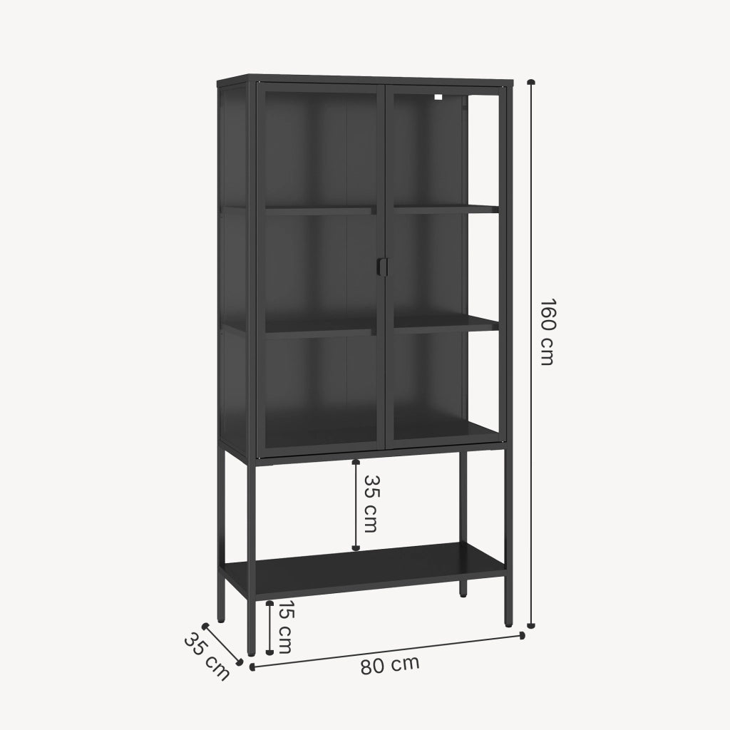 Mobile Vetrina Borshavisa in Acciaio e Vetro Temperato Libreria Credenza 160x80x35 cm Nero [en.casa]