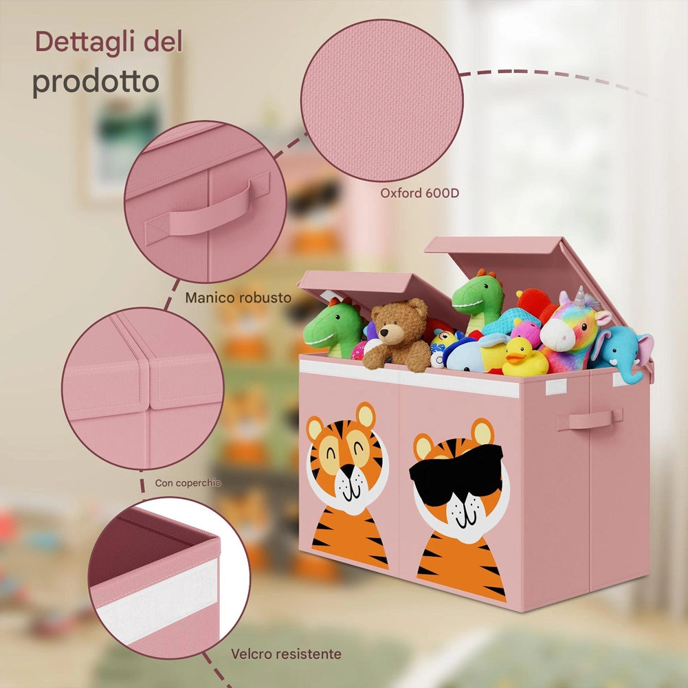 Box Contenitore Giocattoli con Animali Doppio Pieghevole 80L Rosa Salvaspazio
