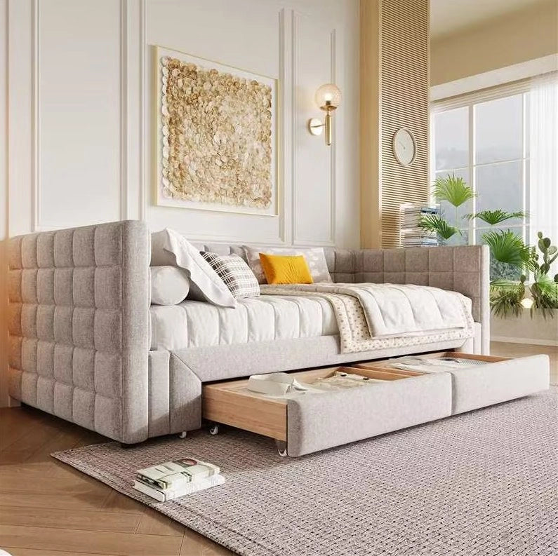 Daybed trasformabile in velluto beige con 2 cassetti 90x200 cm