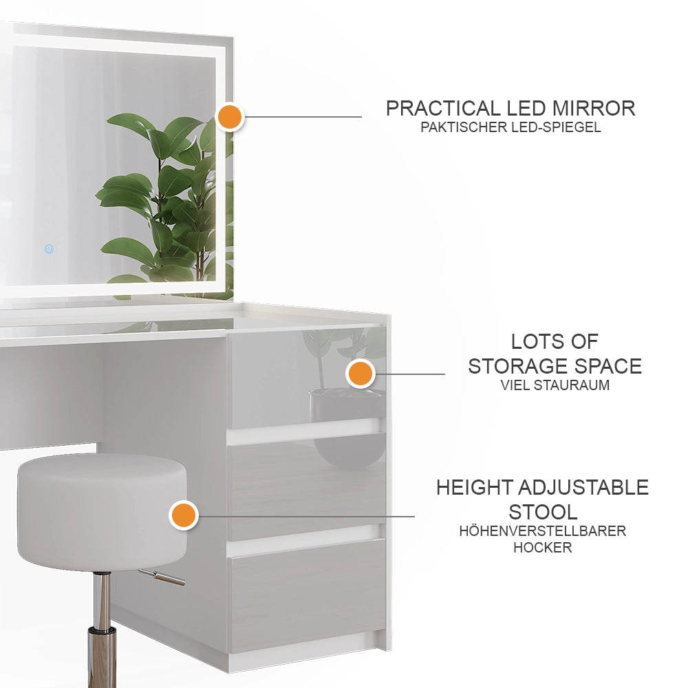 Vicco Tavolo da toilette Bianco lucido 120 cm con specchio LED e sgabello