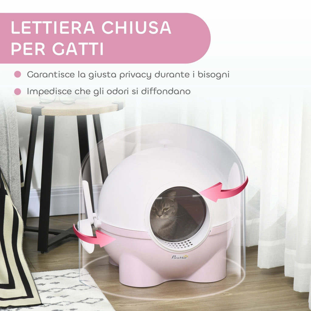 Lettiera Chiusa per Gatti 53x51x48 cm Rotonda con Uscita Raccogli Sabbia in PP e PC Bianco e Rosa