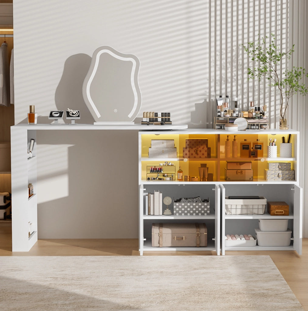 Toeletta girevole a L con specchio LED dimmerabile e contenitore, bianca 177×40×131,5 cm