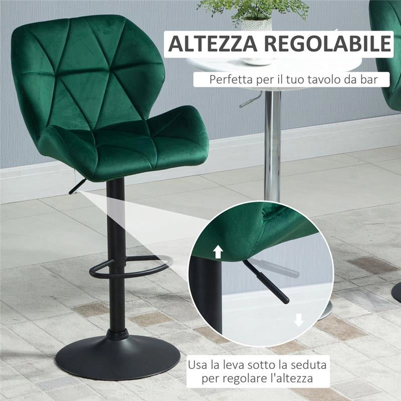 SET 2 SGABELLI GIREVOLI CON ALTEZZA REGOLABILE RIVESTIMENTO VELLUTO VERDE