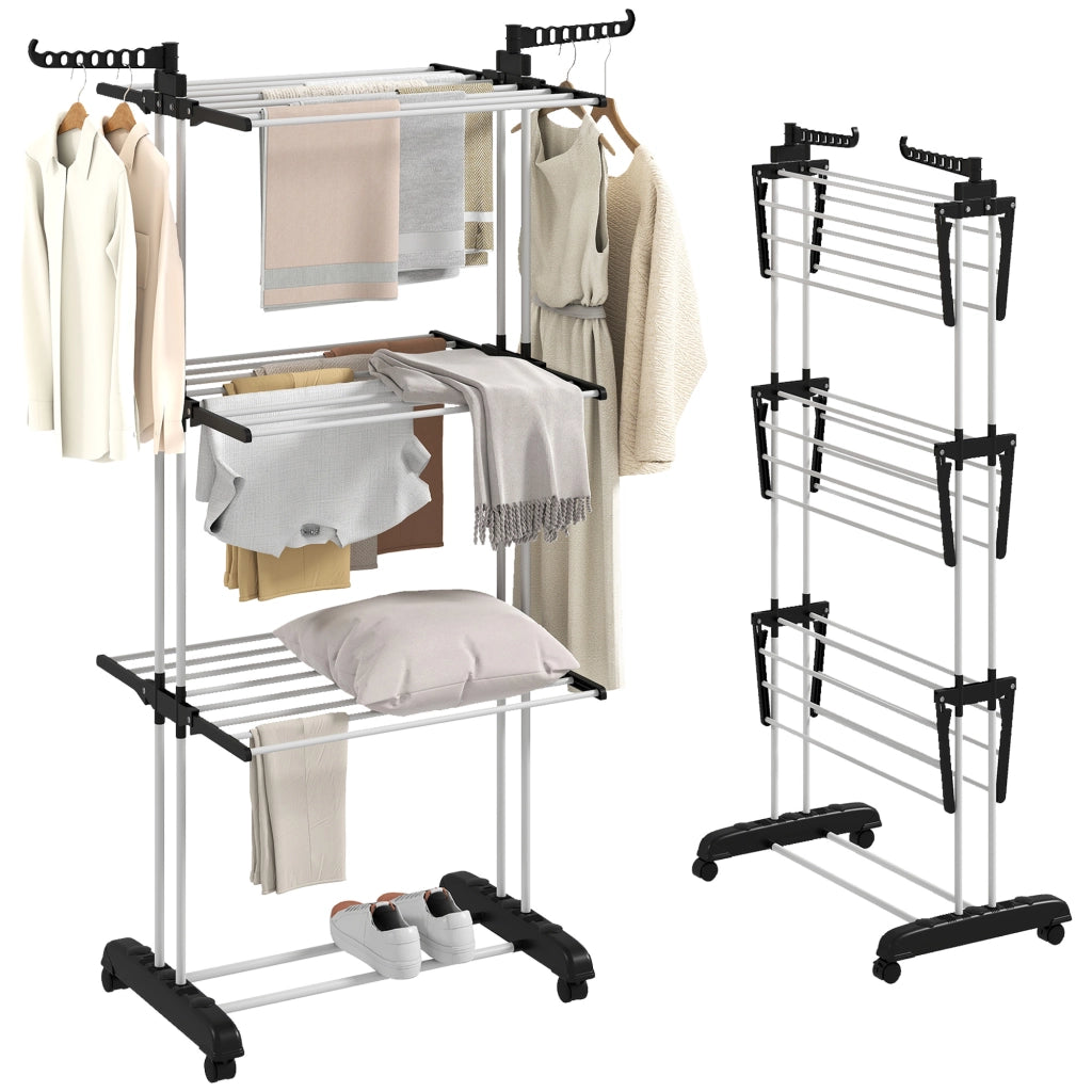Stendibiancheria Pieghevole con Rotelle 3 Livelli ¨C zephmum ¨C 73x64x172 cm Nero e Bianco