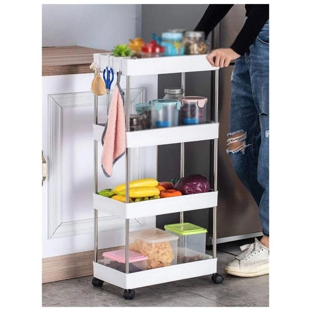 Trade Shop - Carrello Salvaspazio Carrellino Slim Cucina Bagno Ripostiglio 3 Ripiani 4 Ruote -