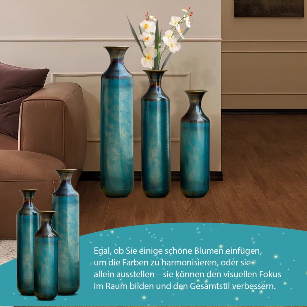 Vaso decorativo in metallo con finitura patina bluverde artigianale rustica per salotto, ingresso e terrazza