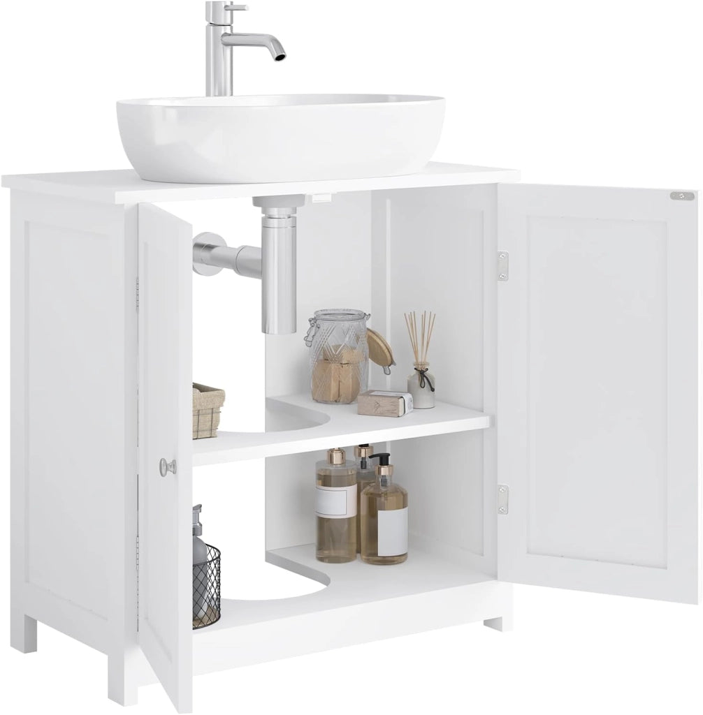 Mobile Sottolavabo per Bagno Mobiletto a Terra Sottolavandino Armadietto Bianco a Due Ante con Ripiani in MDF