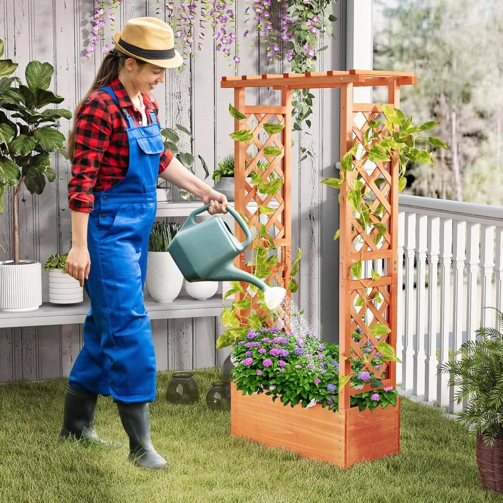 Letto da Giardino Sollevato con Traliccio, Fioriera in Legno con Tetto Pendente, Fori di Drenaggio per Piante Rampicanti, Fiori e Verdure, Letto da Piantagione per Interni ed Esterni