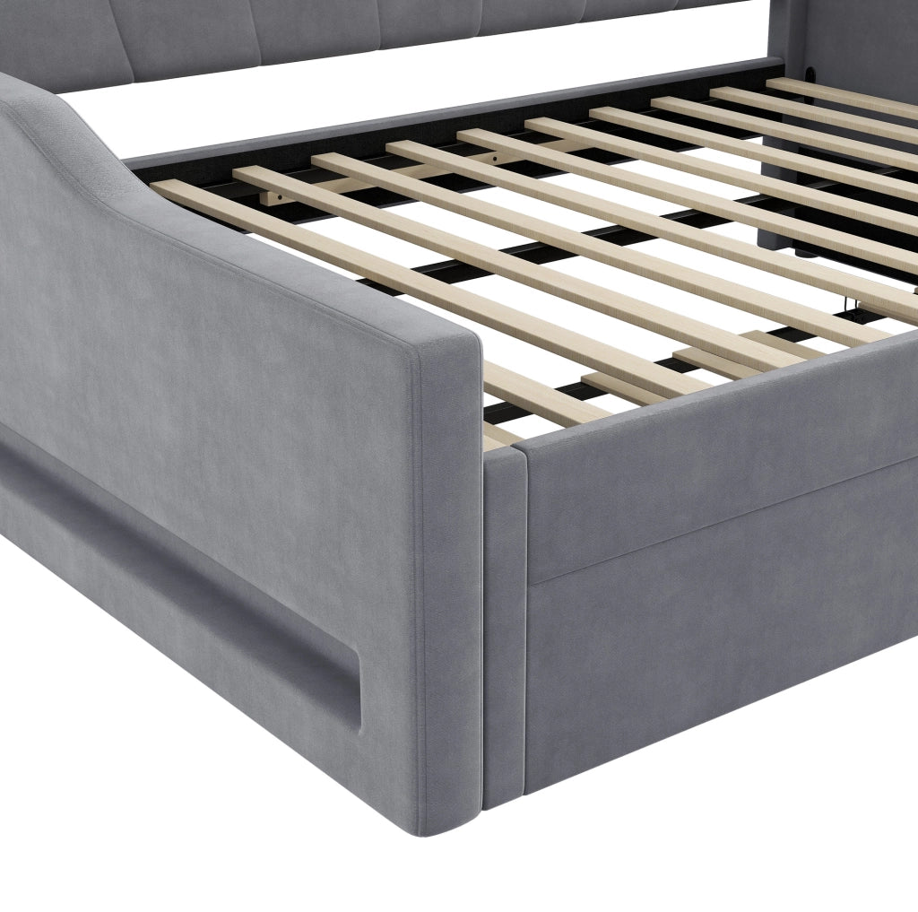 Letto imbottito 140x200 cm con LED e letto estraibile, grigio