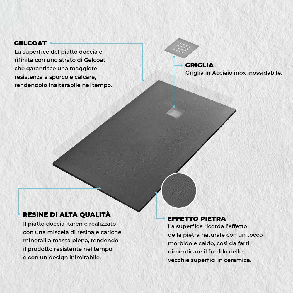 Piatto doccia ardesia 80x110 Karen in resina effetto pietra antracite