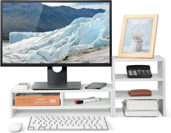 Monitorstandaard 2 niveaus con ripiano di archiviazione - organizzatore per ufficio domestico in bianco