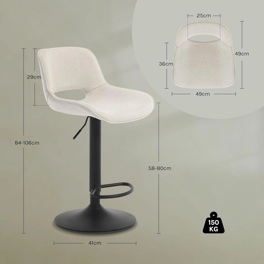 Set di 2 Sgabelli da Cucina, Sedia da Bar in Lino, Sgabello Regolabile in Altezza, con Schienale, Seduta Imbottita Girevole a 360°, per Bistrot, Pub, Base in Metallo, Beige, BH438be-2